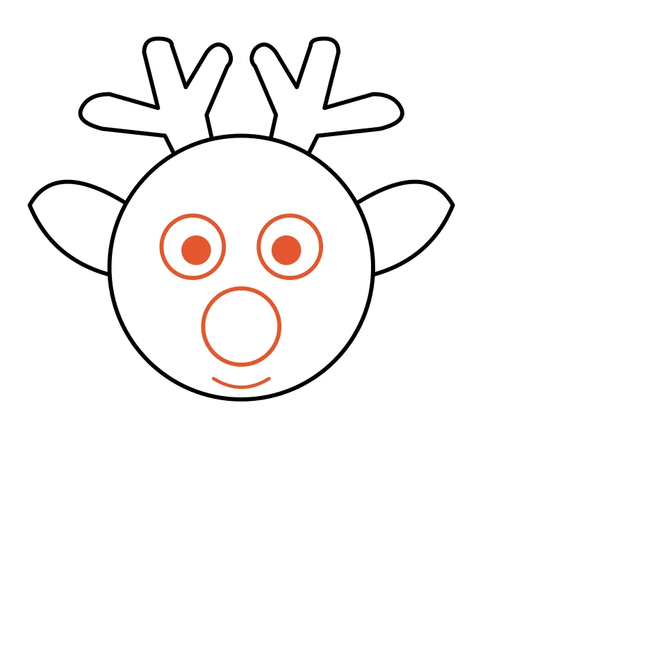 How to draw a reindeer, step 3: Draw big eyes, a round nose and a smile.