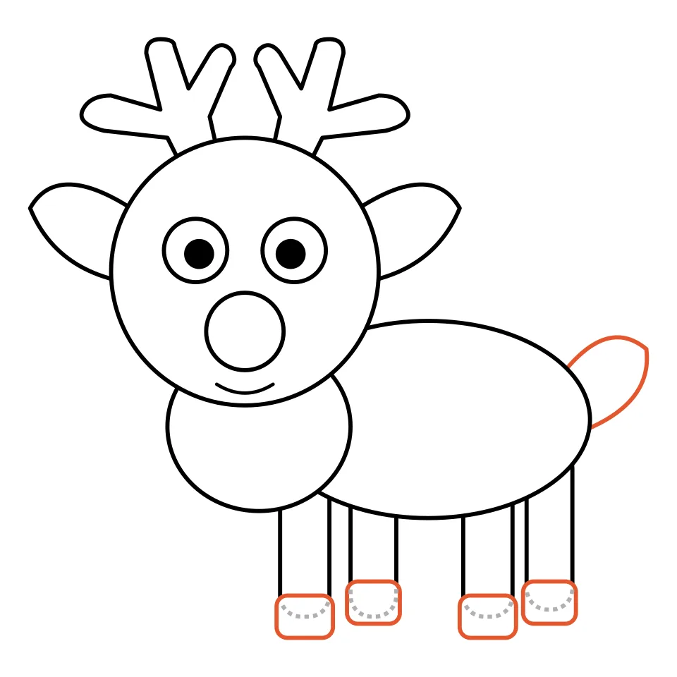 How to draw a reindeer, step 6: Add little hooves and a fluffy tail.