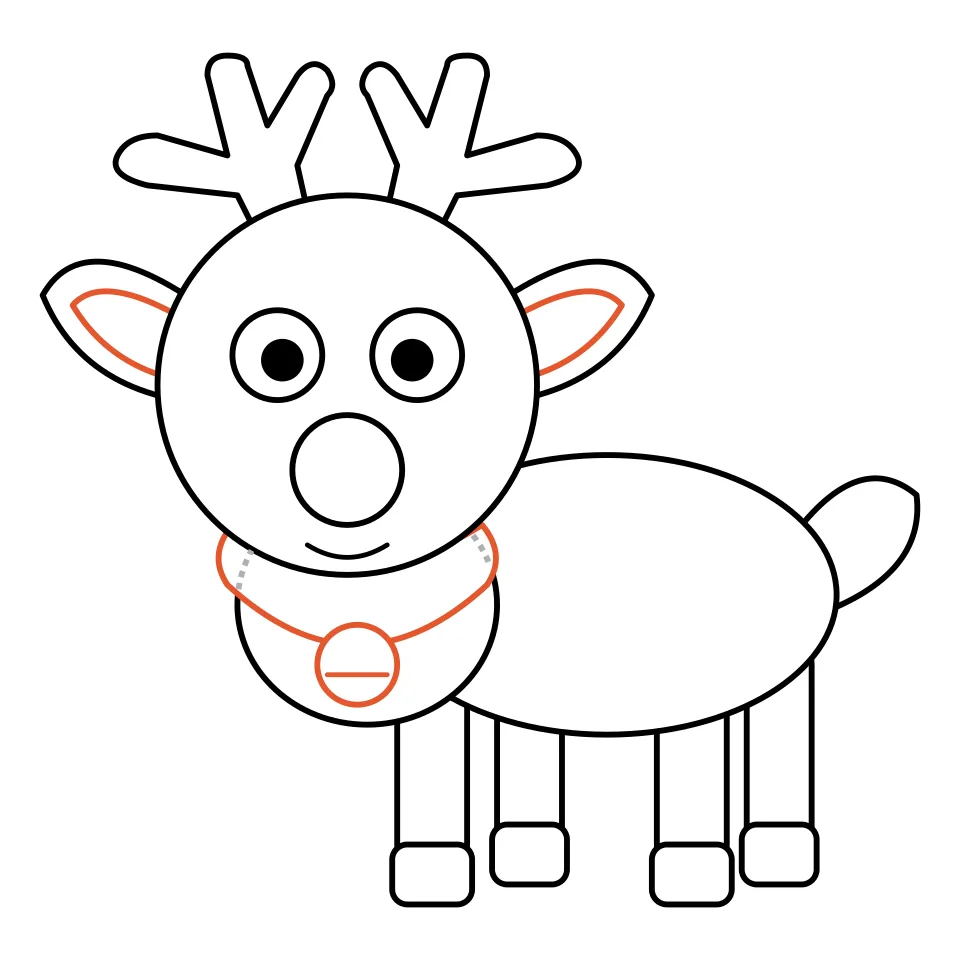 How to draw a reindeer, step 7: Finish with a collar, a bell and inner ears.
