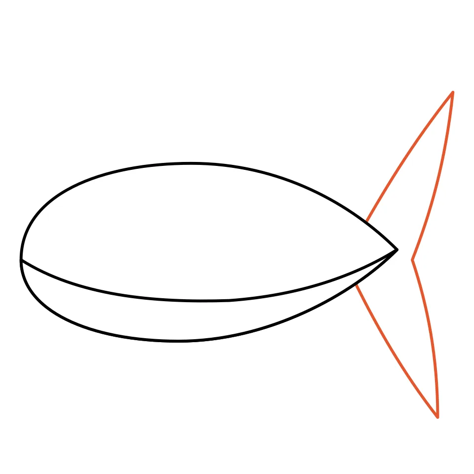 How to draw a shark, step 2: Add a crescent tail like a big moon shape.