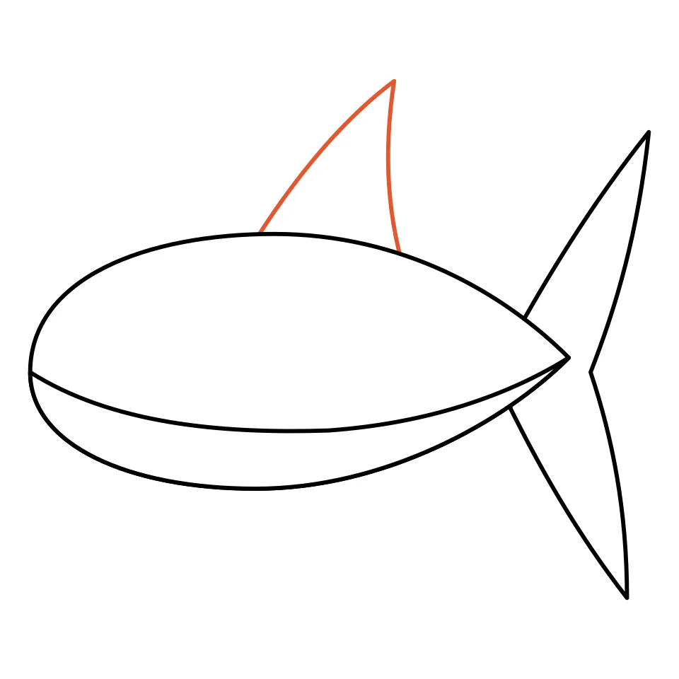 How to draw a shark, step 3: Draw a big triangle fin on the back.