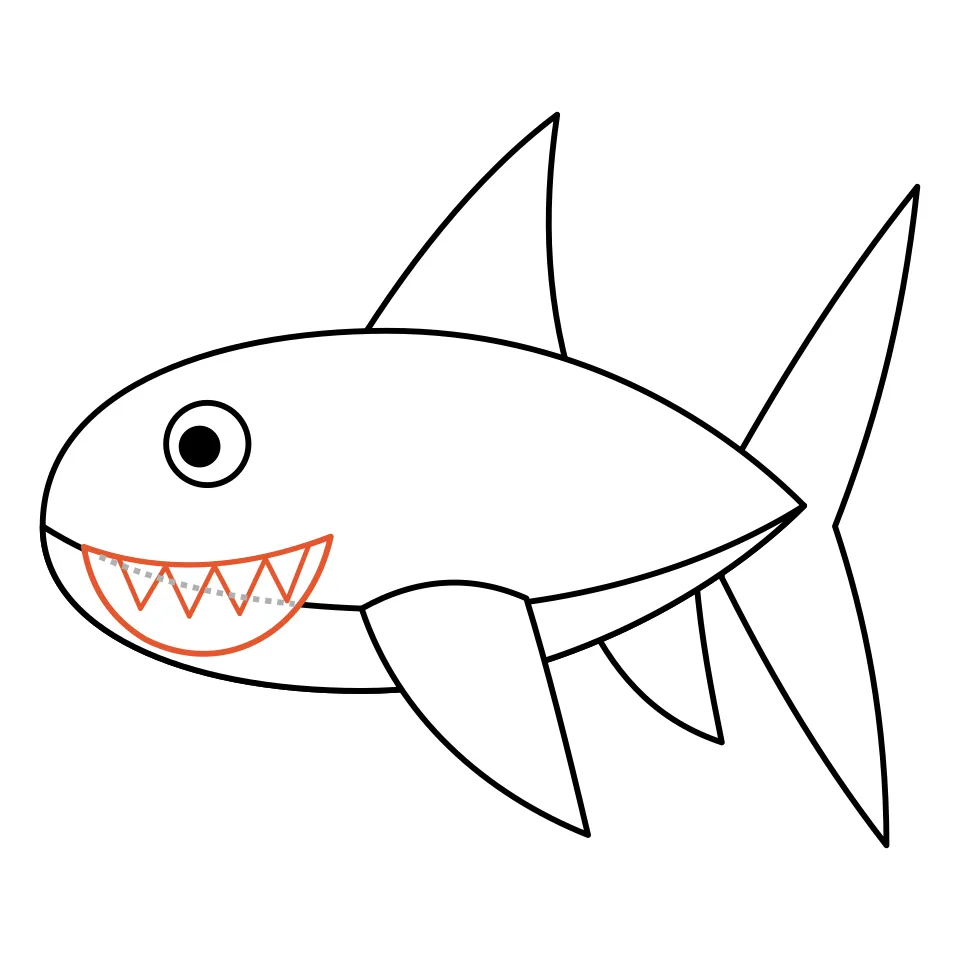How to draw a shark, step 6: Add a smiling mouth with pointy teeth.
