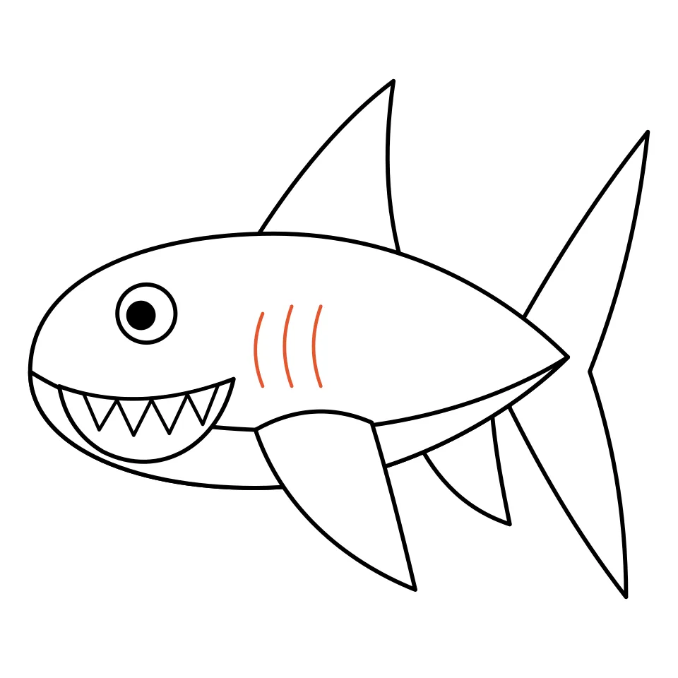 How to draw a shark, step 7: Finish with three curved gill lines.