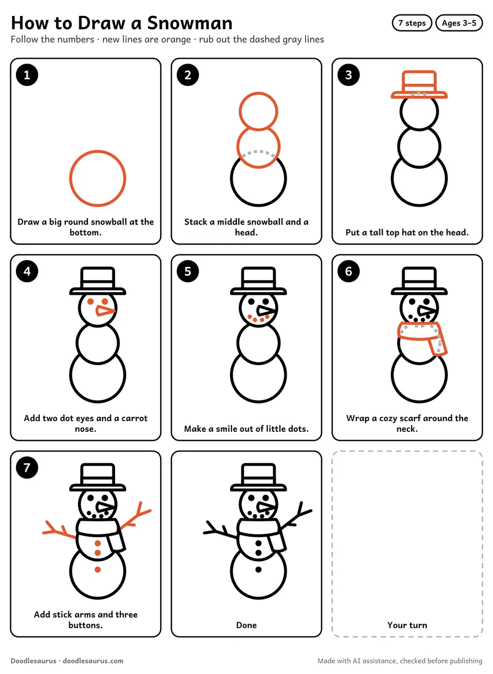 Step-by-step guide to drawing a snowman in 7 easy steps. Step 1: Draw a big round snowball at the bottom. Each later step adds new lines in orange.