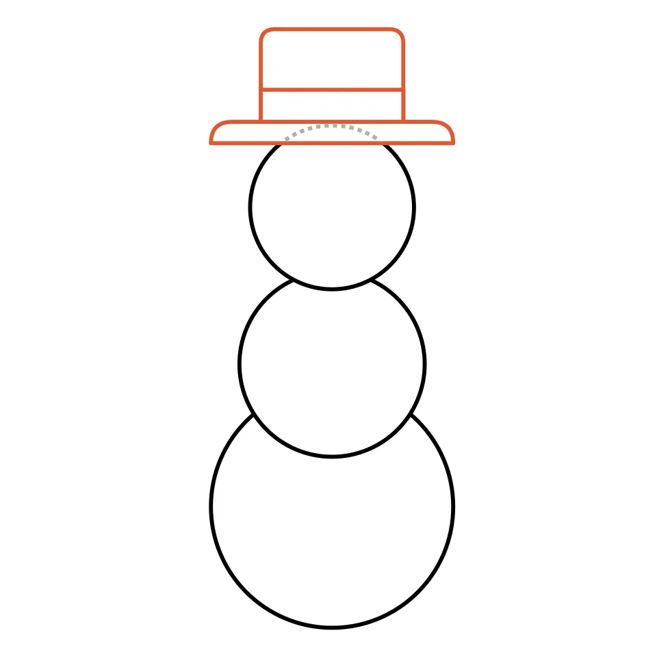 How to draw a snowman, step 3: Put a tall top hat on the head.
