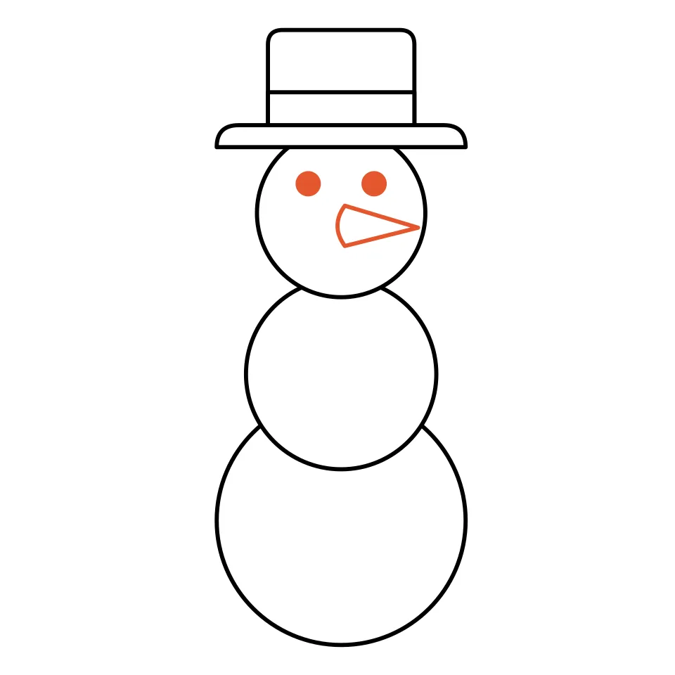 How to draw a snowman, step 4: Add two dot eyes and a carrot nose.