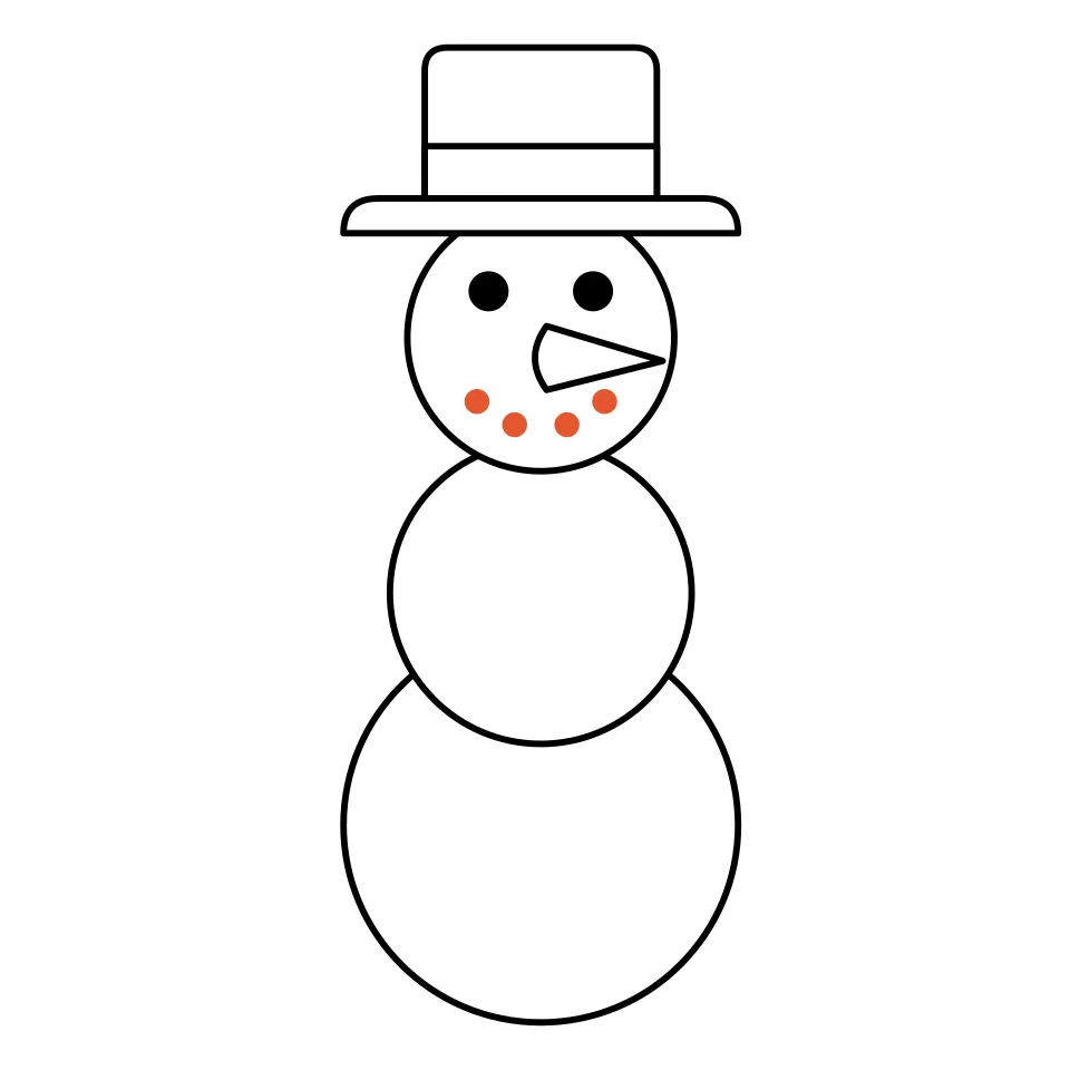How to draw a snowman, step 5: Make a smile out of little dots.
