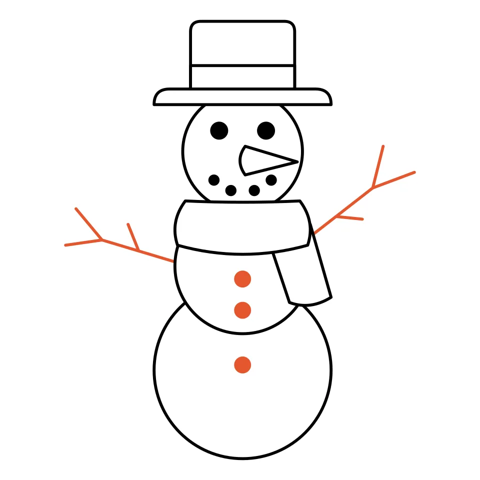 How to draw a snowman, step 7: Add stick arms and three buttons.