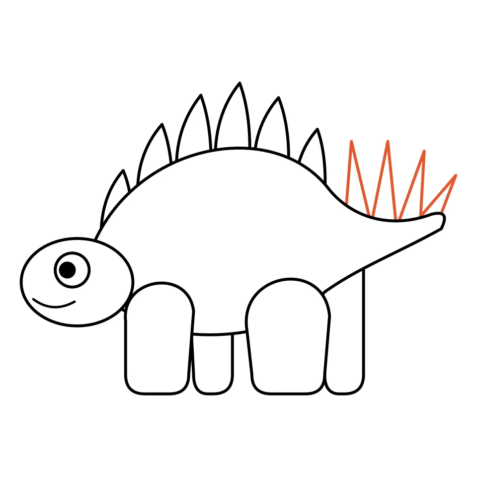 How to draw a stegosaurus, step 6: Finish with four sharp spikes on the tail.