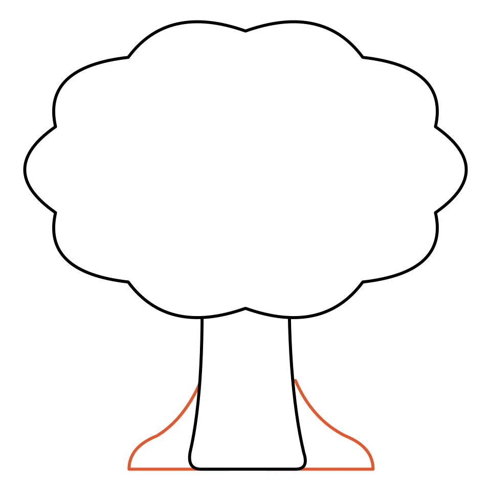 How to draw a tree, step 3: Give the trunk two round root bumps.