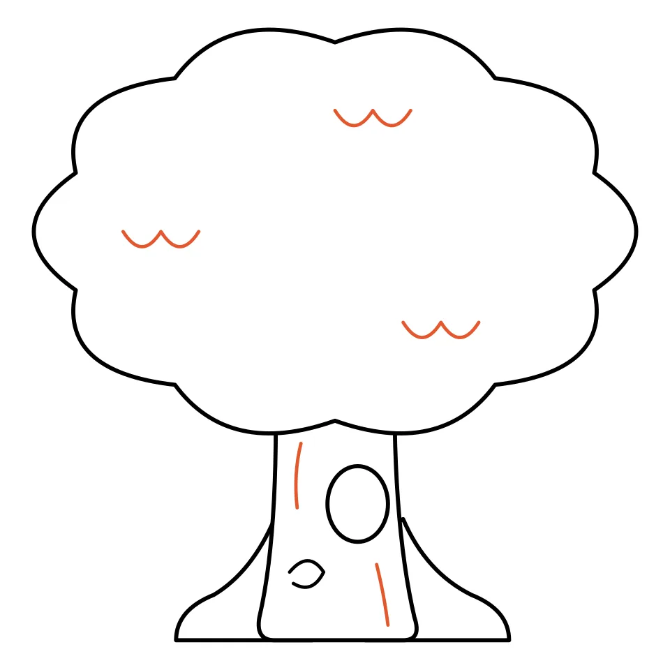 How to draw a tree, step 5: Add bark lines and leafy curls.