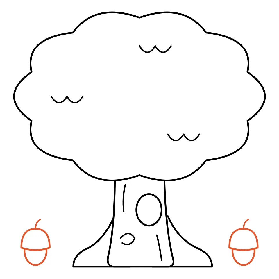 How to draw a tree, step 6: Finish with two acorns on the ground.