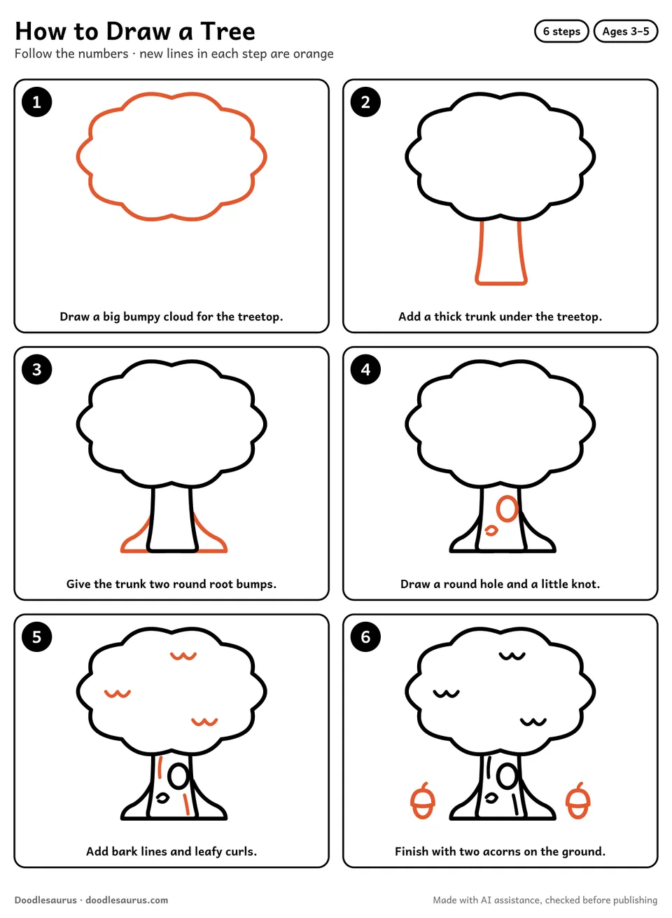 Step-by-step guide to drawing a tree in 6 easy steps. Step 1: Draw a big bumpy cloud for the treetop. Each later step adds new lines in orange.