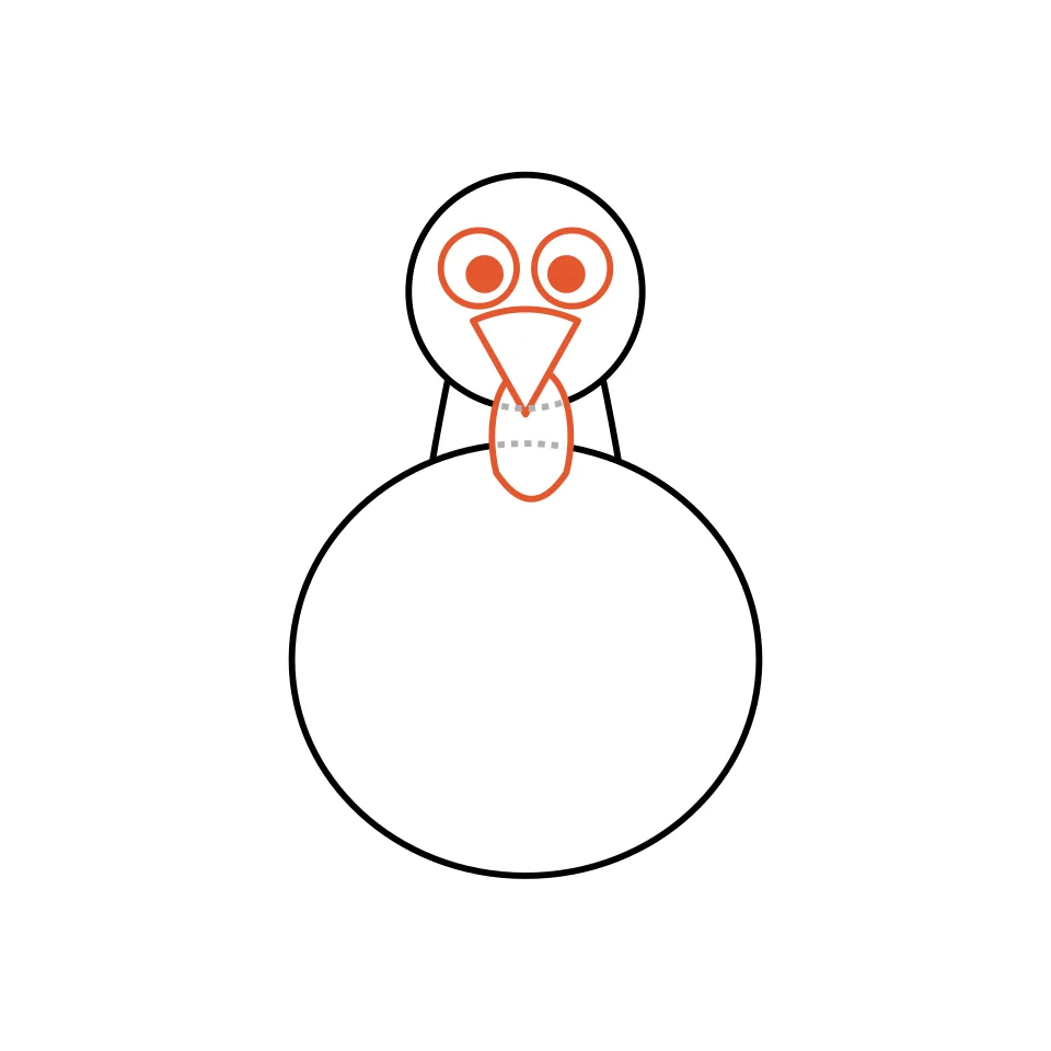 How to draw a turkey, step 3: Add eyes, a beak and a wattle.