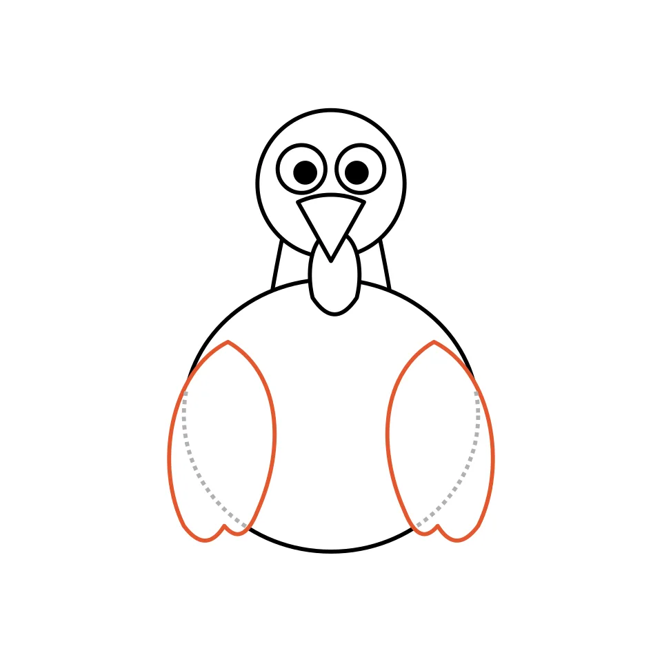 How to draw a turkey, step 4: Draw a wing on each side of the body.