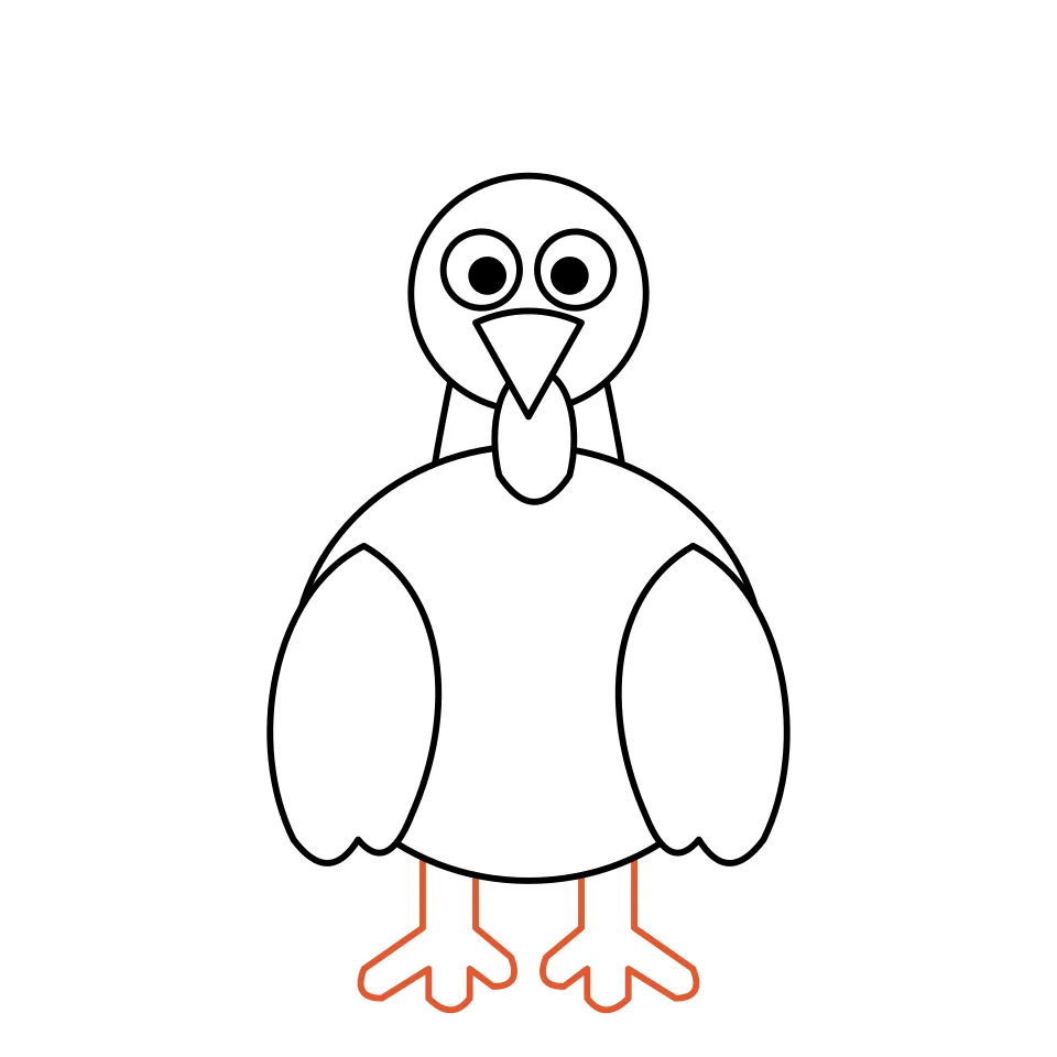 How to draw a turkey, step 5: Add two legs with three toes each.
