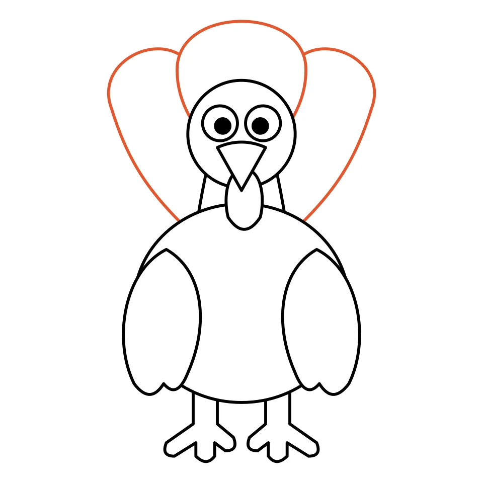 How to draw a turkey, step 6: Draw three feathers behind the head.