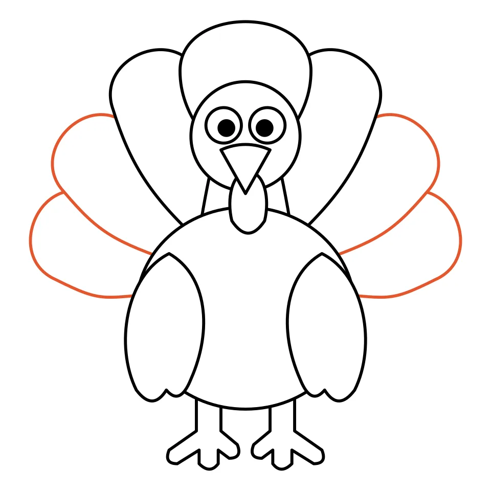 How to draw a turkey, step 7: Add four more feathers for a big fan.