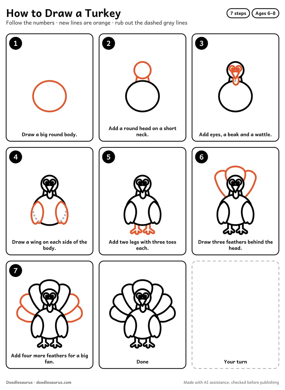Step-by-step guide to drawing a turkey in 7 easy steps. Step 1: Draw a big round body. Each later step adds new lines in orange.