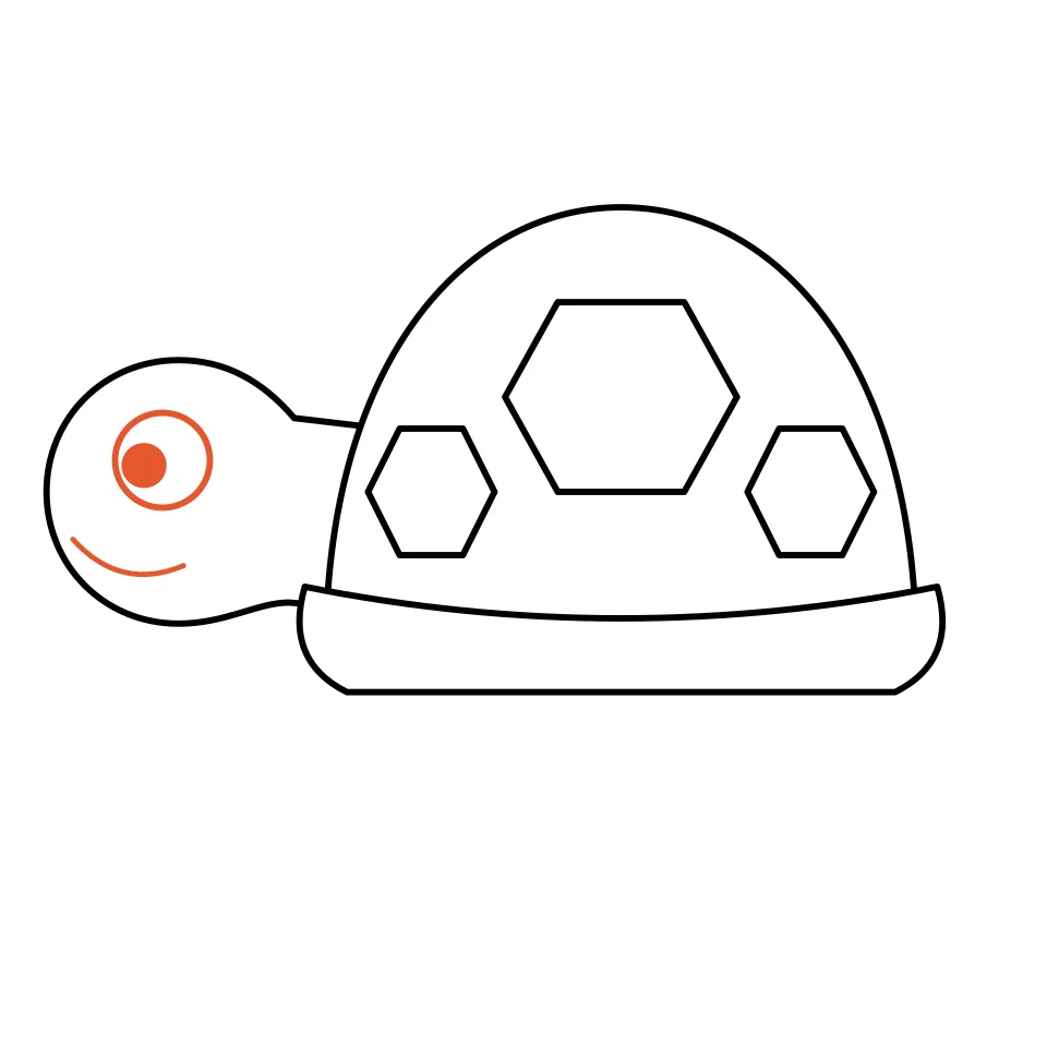 How to draw a turtle, step 5: Add a big eye and a happy smile.