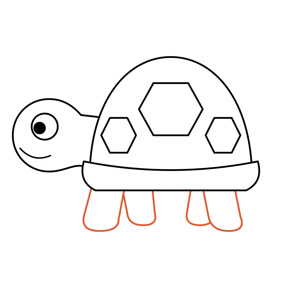 How to draw a turtle, step 6: Draw four short, chunky legs.