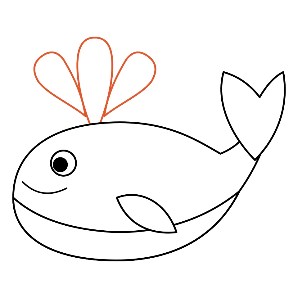 How to draw a whale, step 6: Draw three water drops spouting from the top.