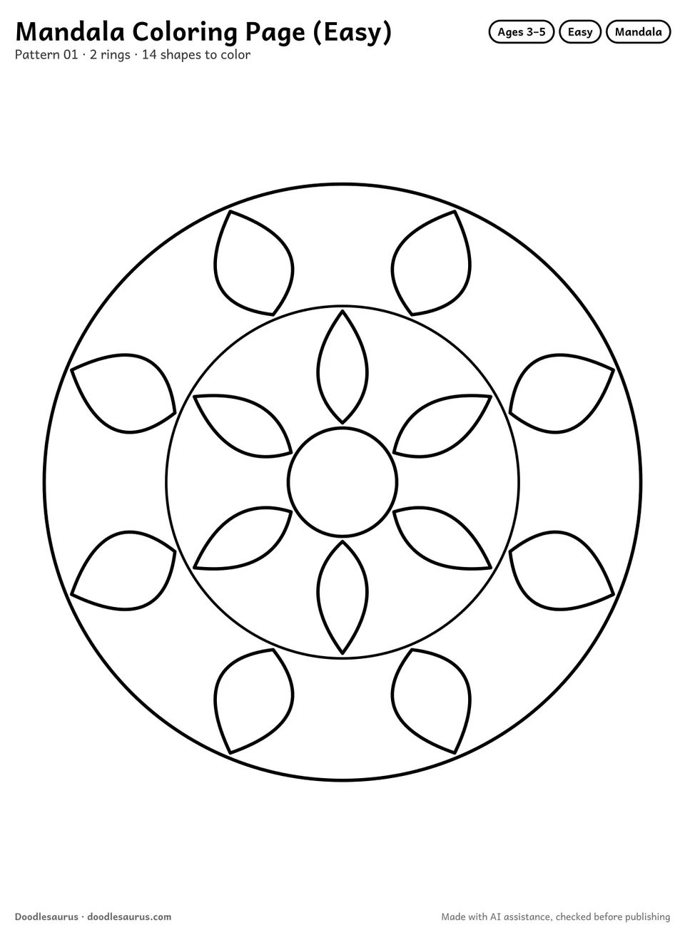 Round mandala coloring page with 14 petals in 2 rings, symmetrical and ready to color for ages 3-5.