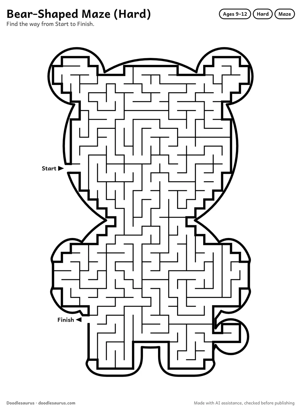 Bear-shaped printable maze for ages 9-12: 553 cells inside a bear outline, with Start and Finish arrows and an answer key.