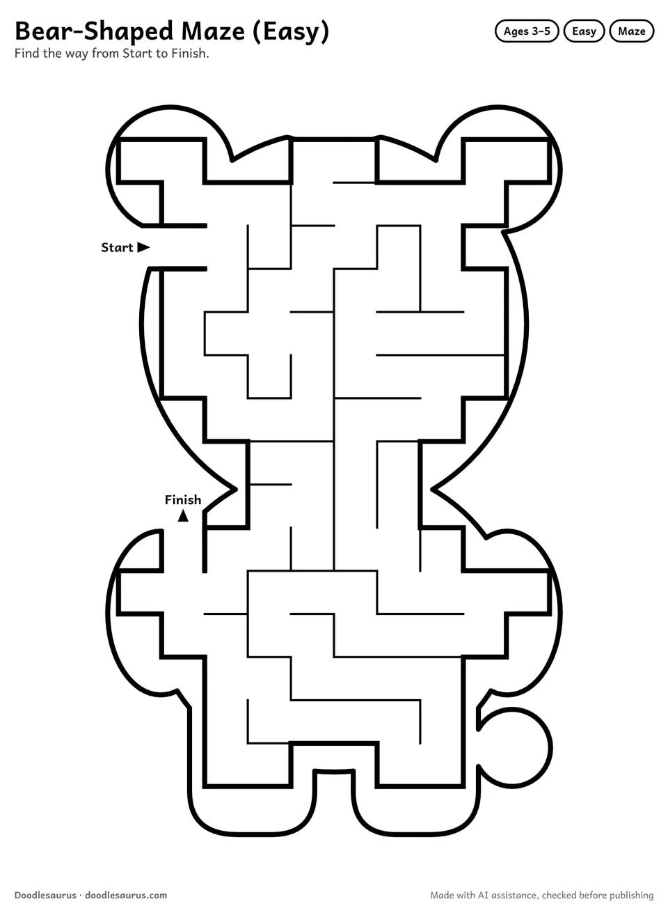 Bear-shaped printable maze for ages 3-5: 98 cells inside a bear outline, with Start and Finish arrows and an answer key.