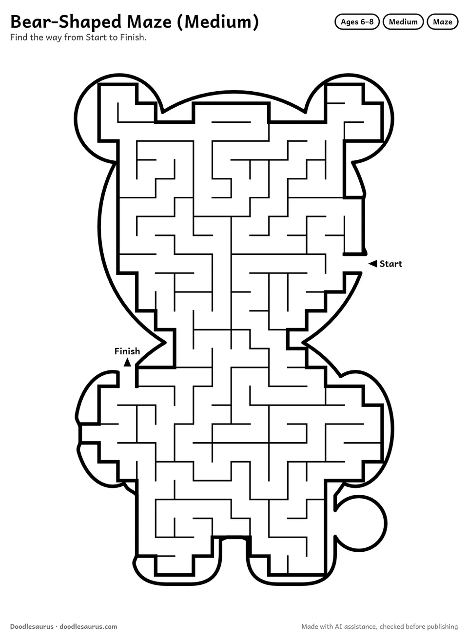 Bear-shaped printable maze for ages 6-8: 284 cells inside a bear outline, with Start and Finish arrows and an answer key.