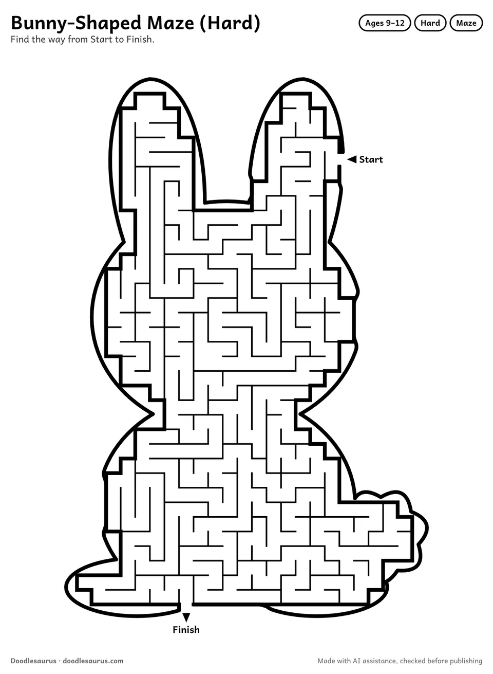 Bunny-shaped printable maze for ages 9-12: 490 cells inside a bunny outline, with Start and Finish arrows and an answer key.