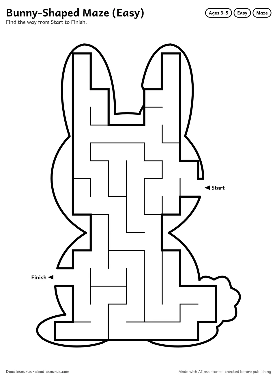 Bunny-shaped printable maze for ages 3-5: 88 cells inside a bunny outline, with Start and Finish arrows and an answer key.