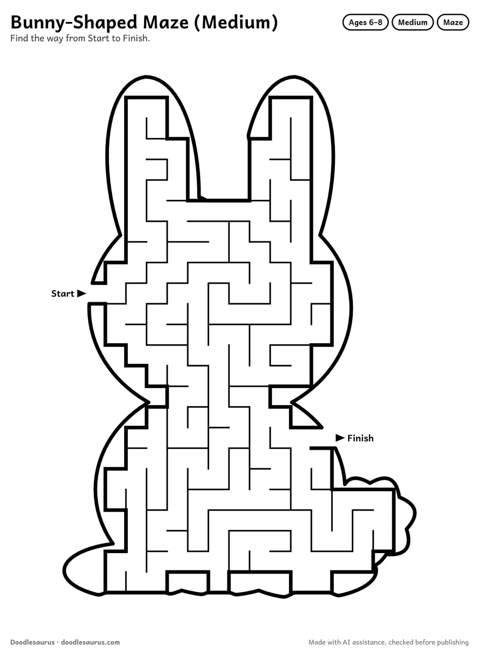 Bunny-shaped printable maze for ages 6-8: 215 cells inside a bunny outline, with Start and Finish arrows and an answer key.