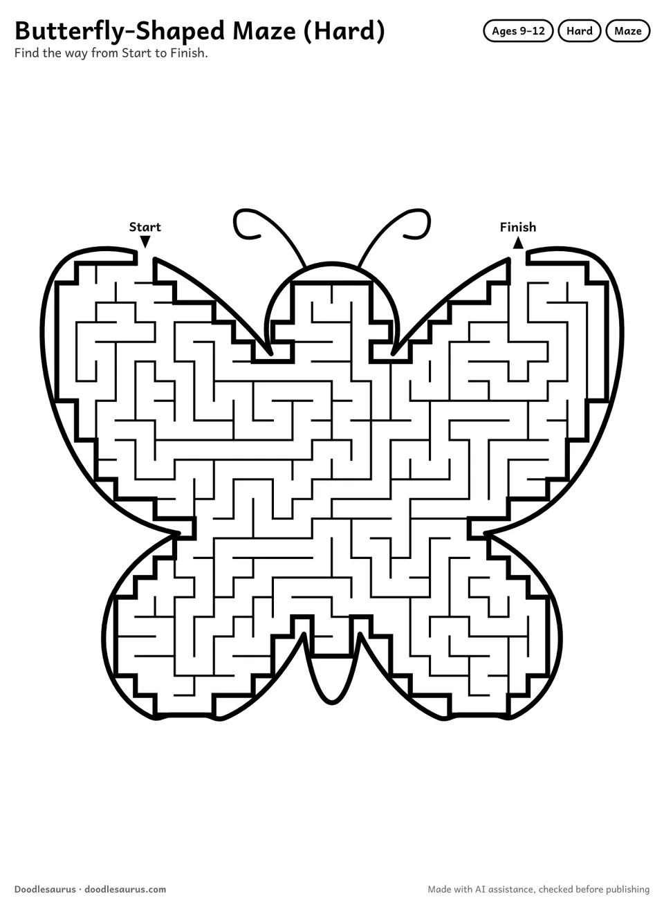 Butterfly-shaped printable maze for ages 9-12: 450 cells inside a butterfly outline, with Start and Finish arrows and an answer key.