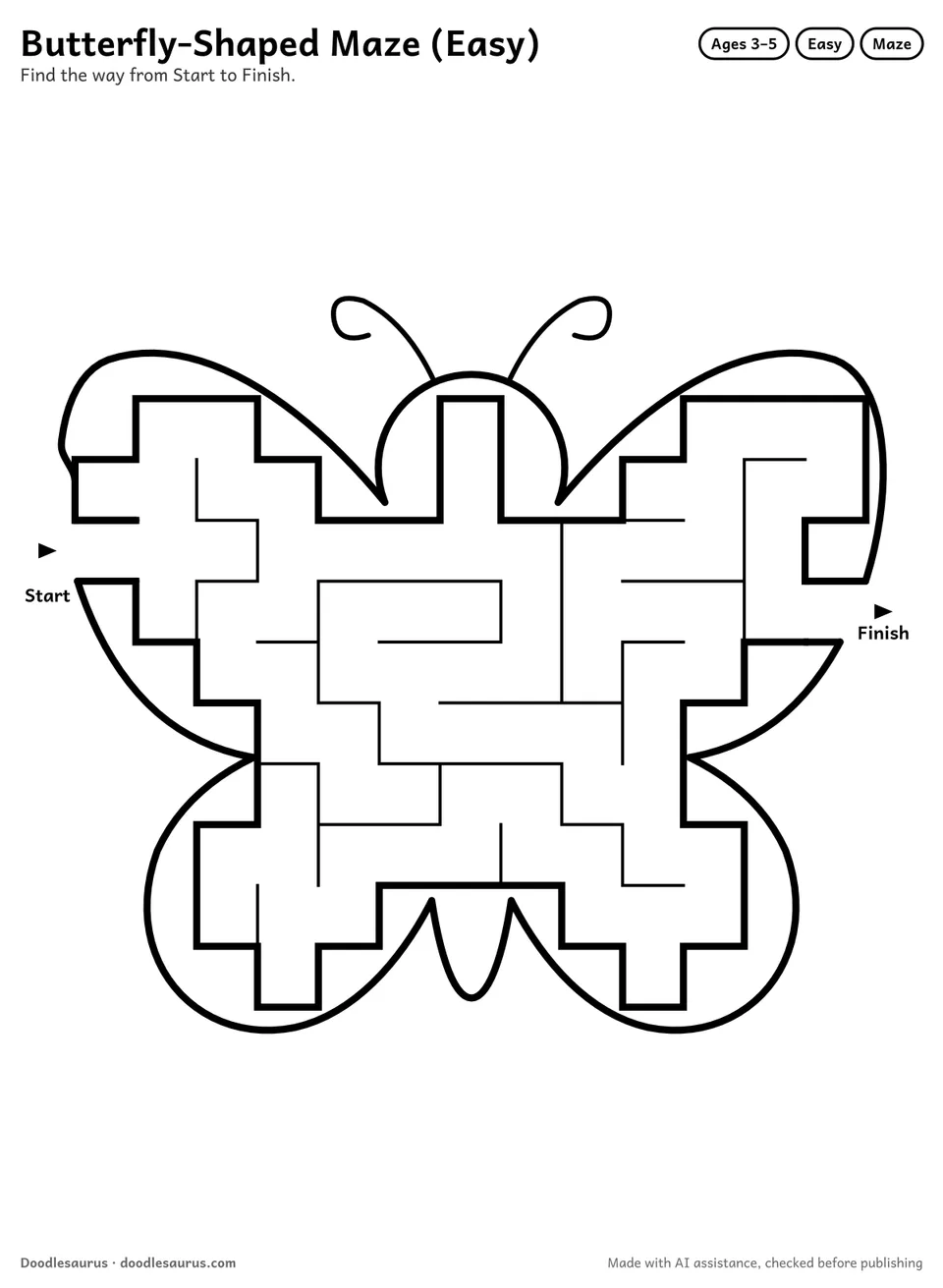 Butterfly-shaped printable maze for ages 3-5: 77 cells inside a butterfly outline, with Start and Finish arrows and an answer key.