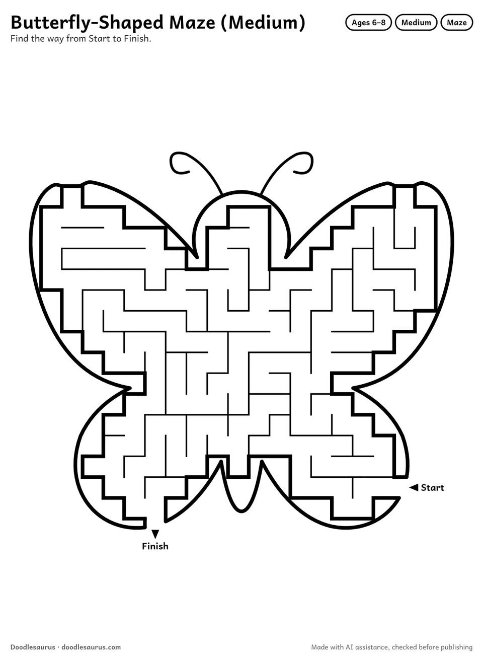Butterfly-shaped printable maze for ages 6-8: 196 cells inside a butterfly outline, with Start and Finish arrows and an answer key.
