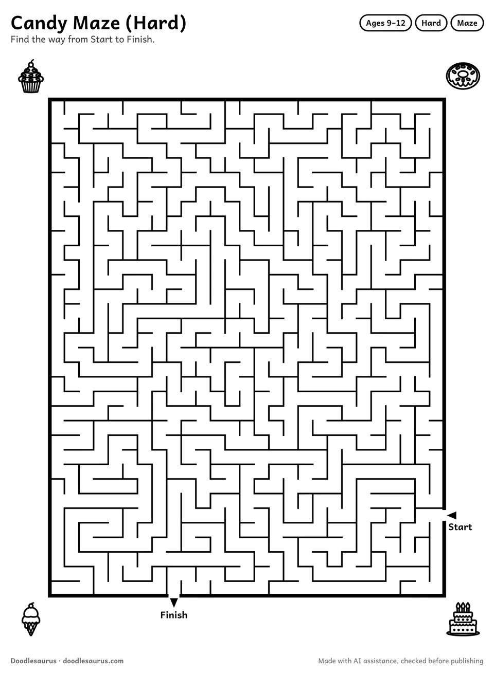 Printable candy maze for ages 9-12: a 27 by 34 grid with Start and Finish arrows and an answer key.