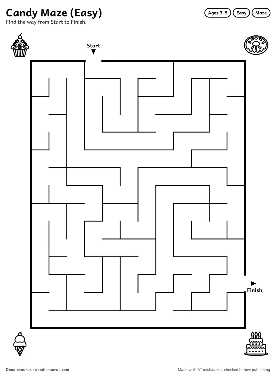 Printable candy maze for ages 3-5: a 12 by 15 grid with Start and Finish arrows and an answer key.