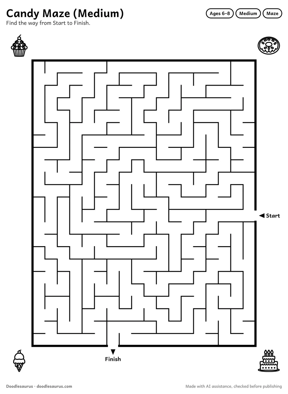 Printable candy maze for ages 6-8: an 18 by 23 grid with Start and Finish arrows and an answer key.