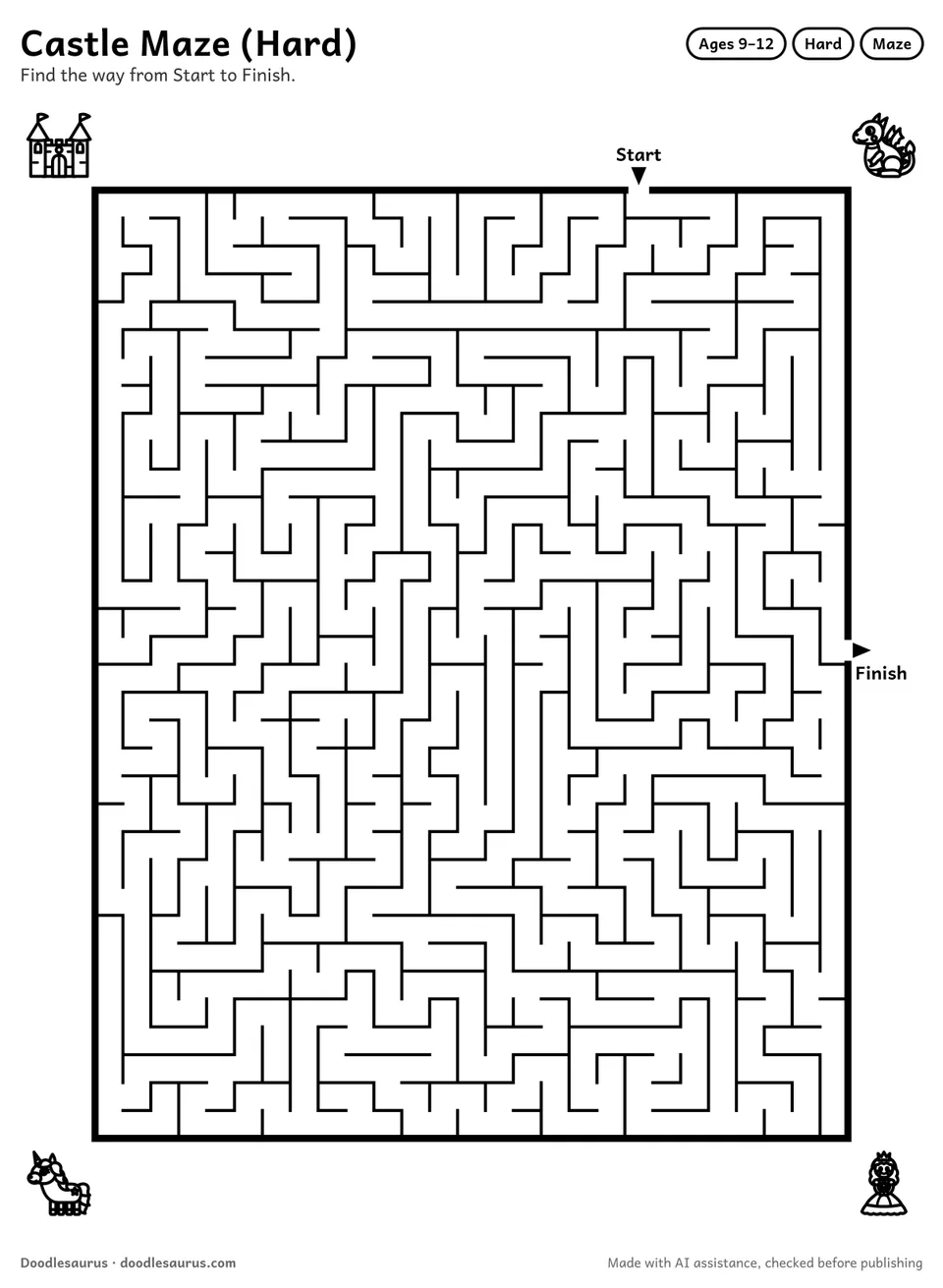 Printable castle maze for ages 9-12: a 27 by 34 grid with Start and Finish arrows and an answer key.