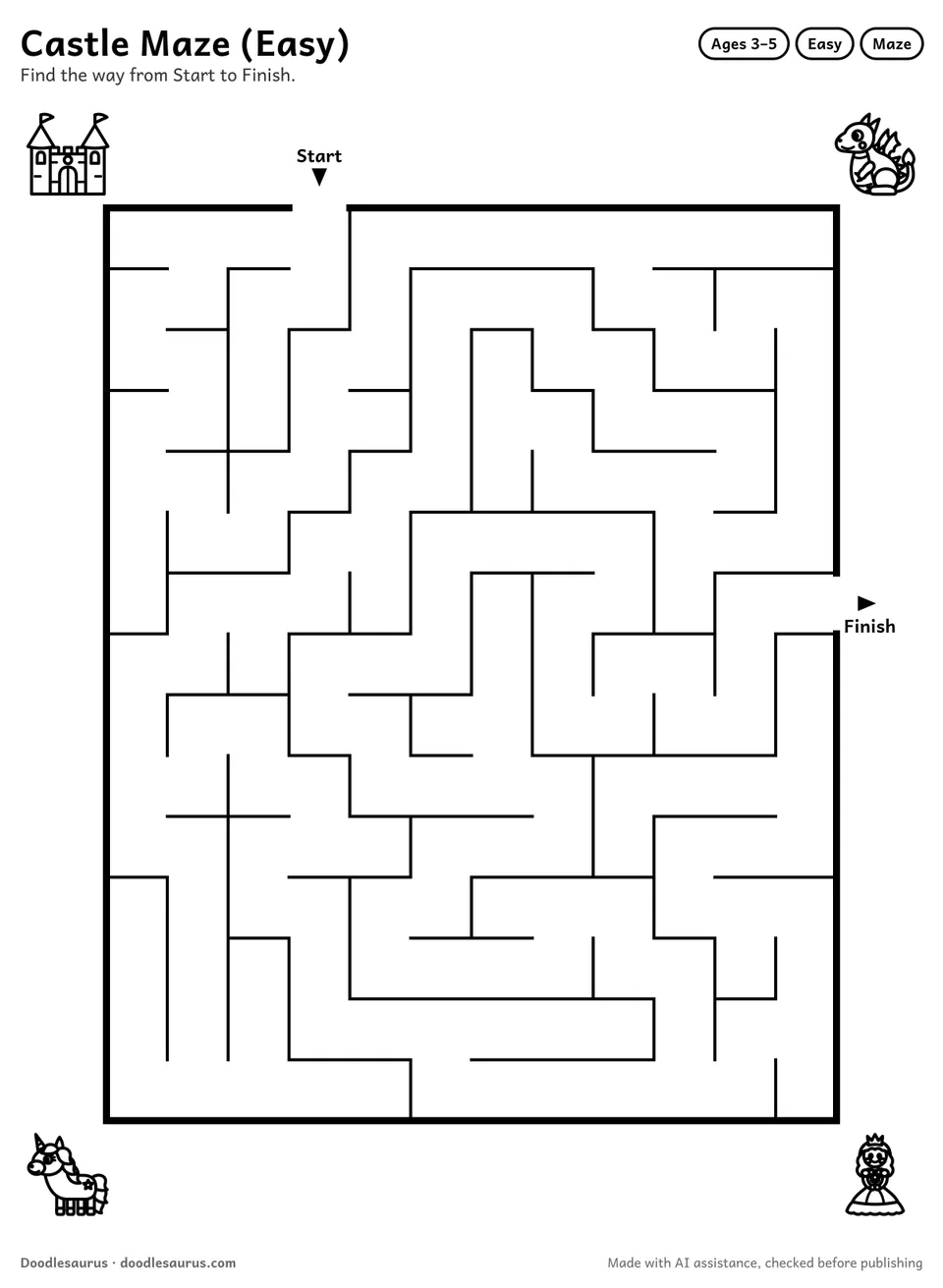 Printable castle maze for ages 3-5: a 12 by 15 grid with Start and Finish arrows and an answer key.