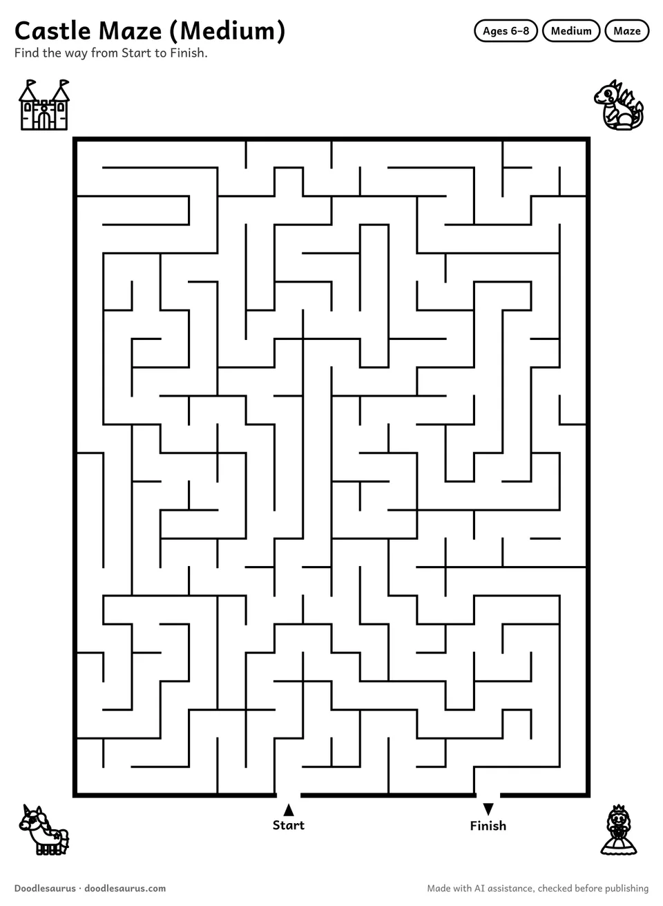 Printable castle maze for ages 6-8: an 18 by 23 grid with Start and Finish arrows and an answer key.