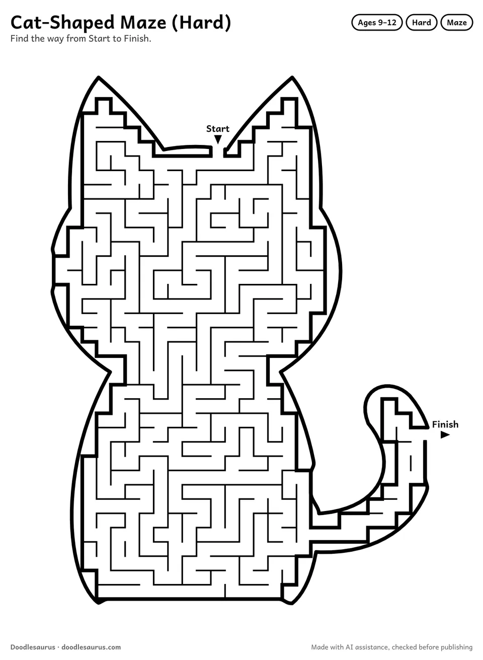 Cat-shaped printable maze for ages 9-12: 526 cells inside a cat outline, with Start and Finish arrows and an answer key.