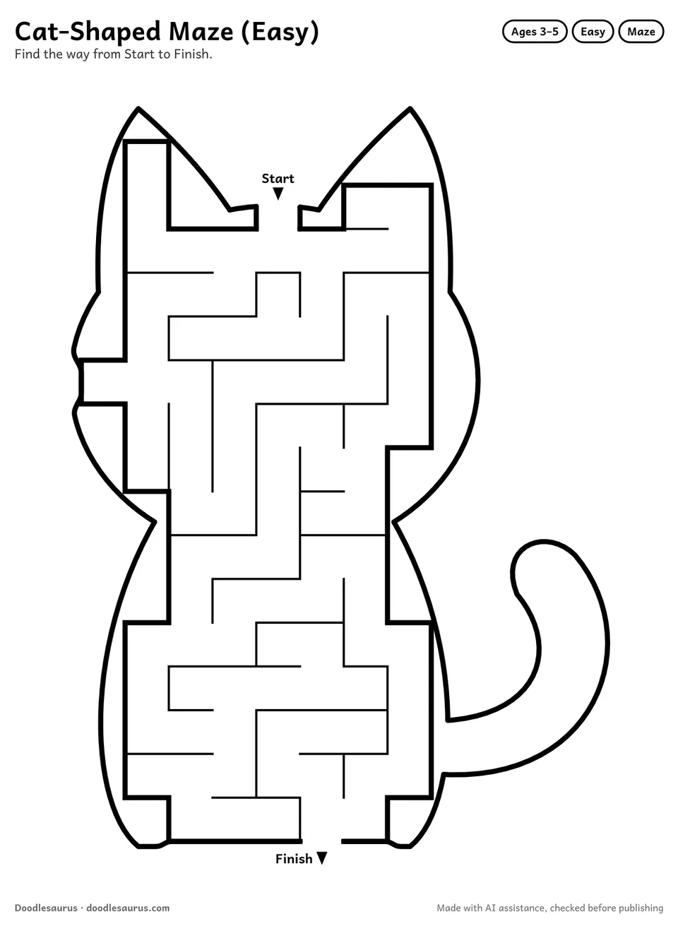 Cat-shaped printable maze for ages 3-5: 94 cells inside a cat outline, with Start and Finish arrows and an answer key.