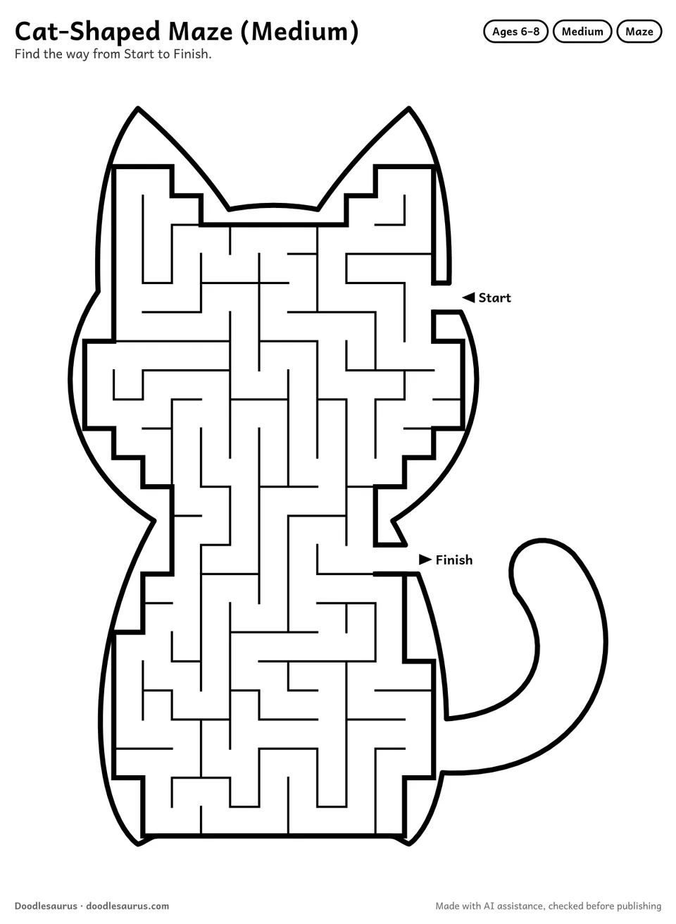 Cat-shaped printable maze for ages 6-8: 224 cells inside a cat outline, with Start and Finish arrows and an answer key.
