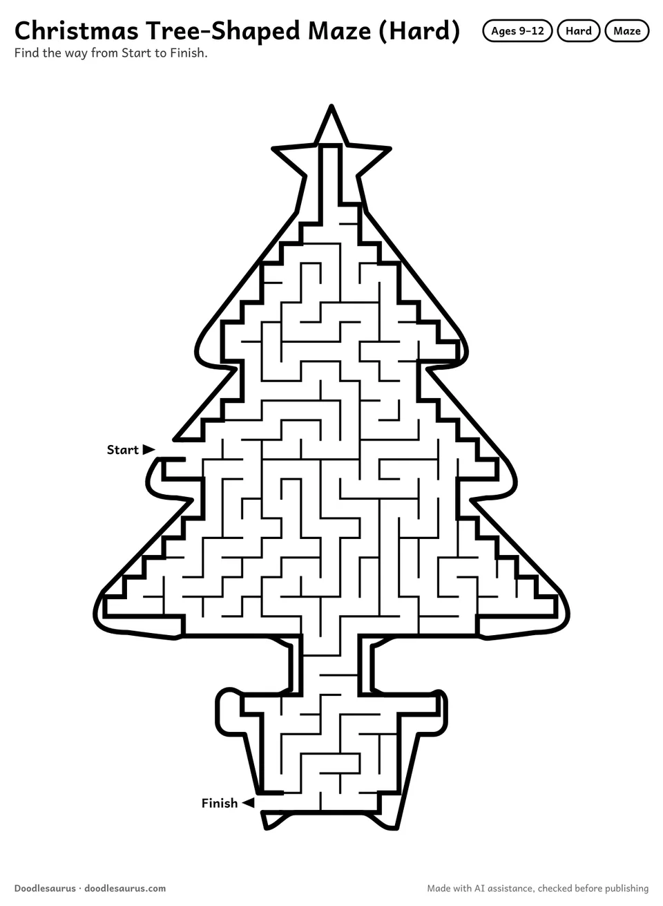 Christmas tree-shaped printable maze for ages 9-12: 321 cells inside a Christmas tree outline, with Start and Finish arrows and an answer key.
