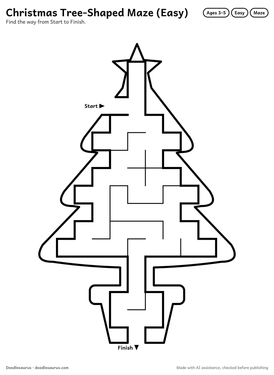 Christmas tree-shaped printable maze for ages 3-5: 55 cells inside a Christmas tree outline, with Start and Finish arrows and an answer key.