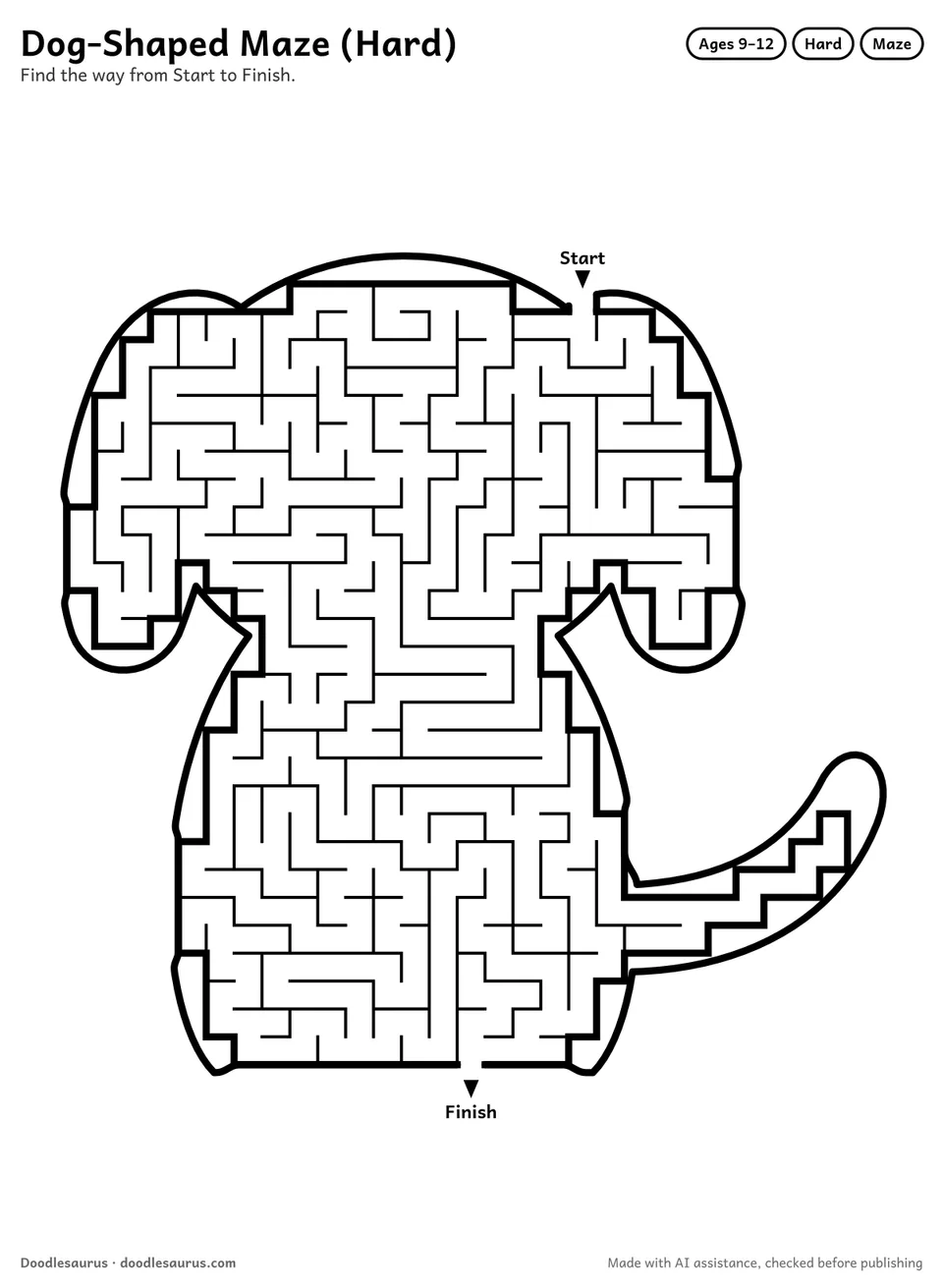 Dog-shaped printable maze for ages 9-12: 480 cells inside a dog outline, with Start and Finish arrows and an answer key.