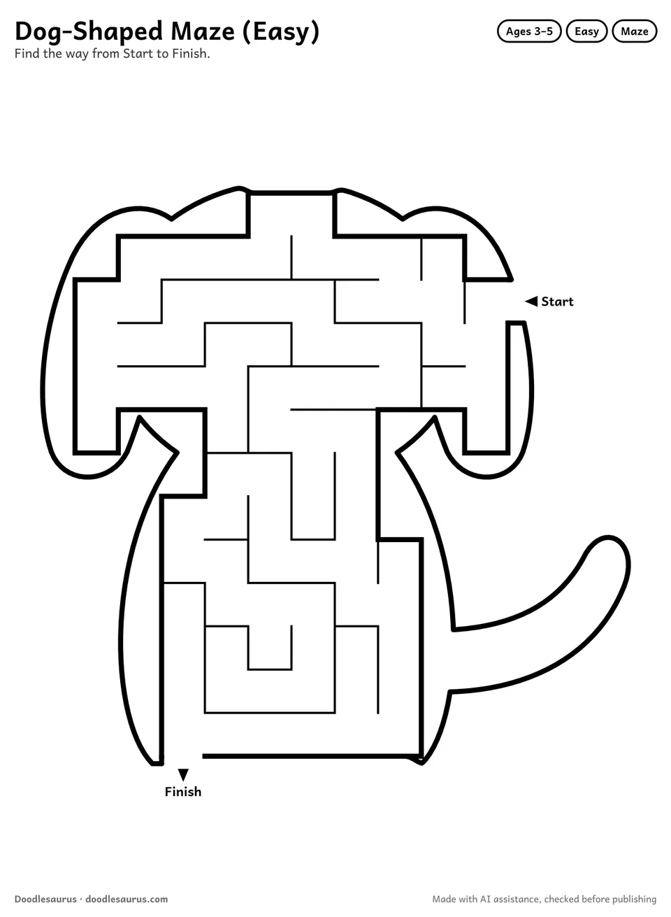 Dog-shaped printable maze for ages 3-5: 85 cells inside a dog outline, with Start and Finish arrows and an answer key.
