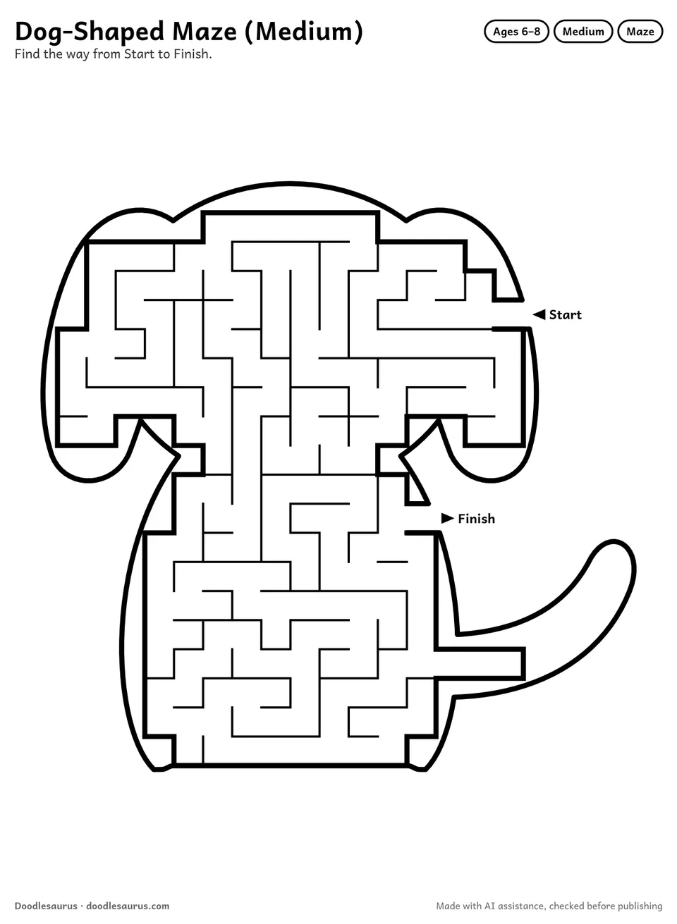 Dog-shaped printable maze for ages 6-8: 210 cells inside a dog outline, with Start and Finish arrows and an answer key.